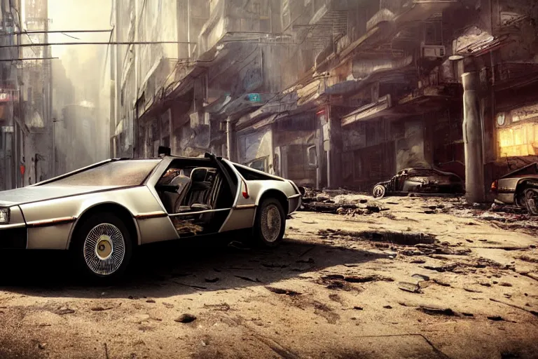 Image similar to highly detailed photorealistic rendering of a delorean parked on the streets of a cyberpunk abandoned city with the door open, futuristic post - apocalyptic vibe, by greg rutkowski and stanley artgerm and alphonse mucha, octane, sharp focus, hyperrealistic, unreal engine 5, vray, masterpiece