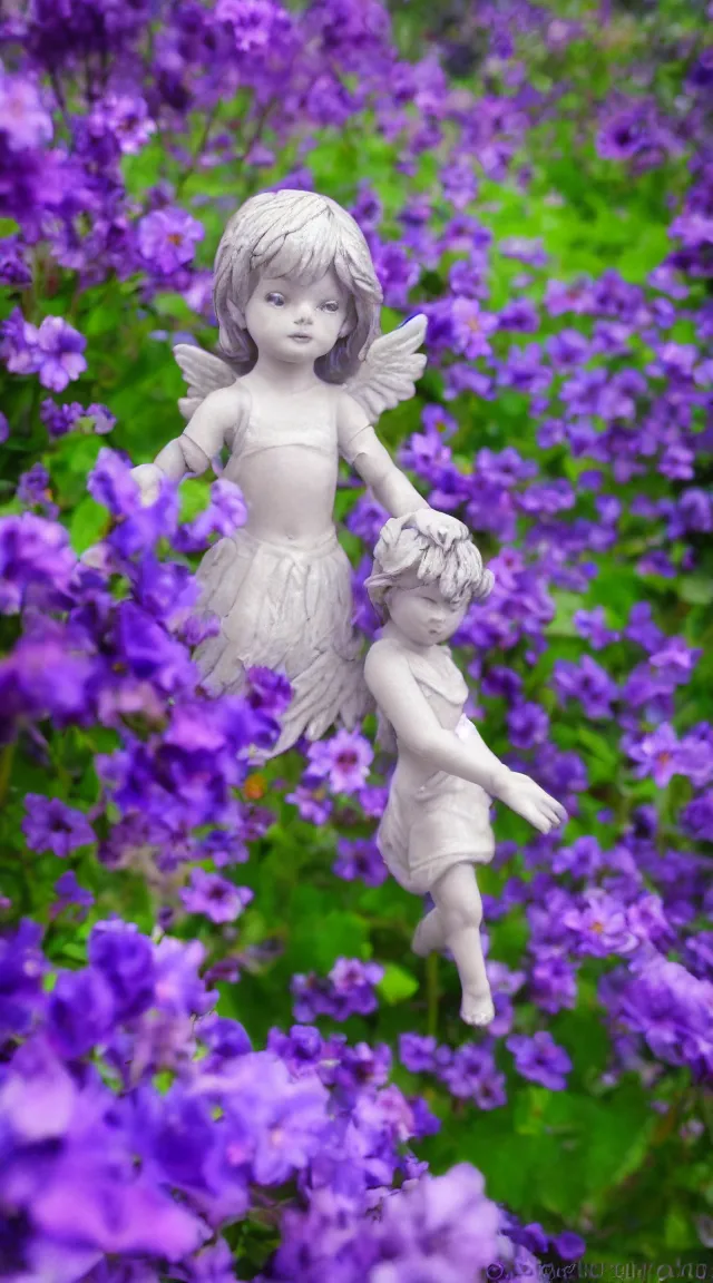 Image similar to tiny angel in a garden, hyper detailed, sharp focus, bokeh, unreal engine, ray tracing, cute, fantasy, sci fi, purple flowers, blue flowers, violet flowers, glowing flowers, tiny, small, hyper realistic, sky, spinning rings with eyes