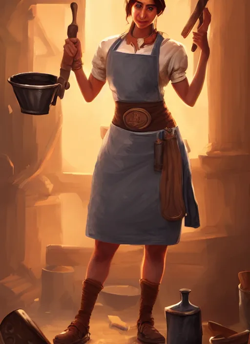 Image similar to a highly detailed illustration of naomi scott as kind blacksmith woman wearing apron, dramatic smile pose, intricate, elegant, highly detailed, centered, digital painting, artstation, concept art, smooth, sharp focus, league of legends concept art, wlop.