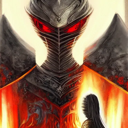 Prompt: a very elegant fantasy portrait of a fantasy knight and a wizard robe made of dragon hide combination, red glowing eyes, medieval armor, custom armor design, pointy, the red glows coming through the knight helmet, paint smears, digital art, character design, d & d character, heavy shading, master of fantasy art