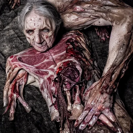 Image similar to an elder witch covered in decaying ragged robes hunched over a corpse showing meat and muscle and bone and blood creepy photo