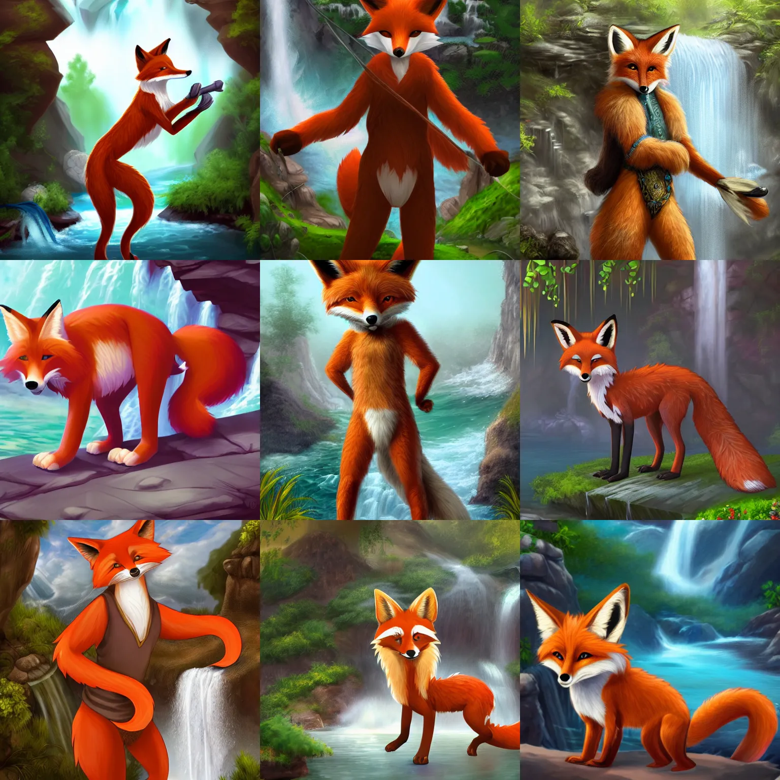 Prompt: award-winning extremely detailed FurAffinity fantasy art of a handsome cute male anthro fox with a long tail, standing by a waterfall, 4k, trending on FurAffinity