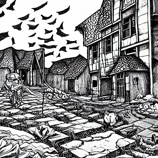 Prompt: medieval suburban neighborhood on the surface of the moon, space plants, illustration, pen and ink, sharp lines, realistic