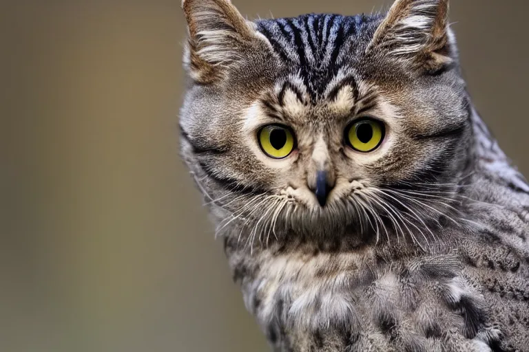 Image similar to a cat owl!!! hybrid! hyper realistic!! realistic lighting!! wildlife photographer of the year!!! bold natural colors, national geographic, hd, wide angle, 8 k