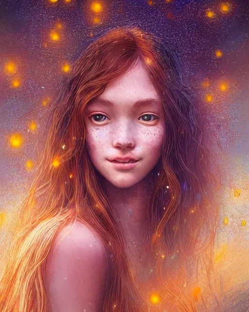 Prompt: a young woman, amazed by the lights of golden fireflies, sitting in the midst of nature fully covered, long loose red hair, intricate linework, dreamy green eyes, small nose with freckles, oval shape face, soft happy smile, realistic, expressive emotions, dramatic lights scene, hyper realistic ultrafine digital art by james jean and albert bierstadt and artgerm