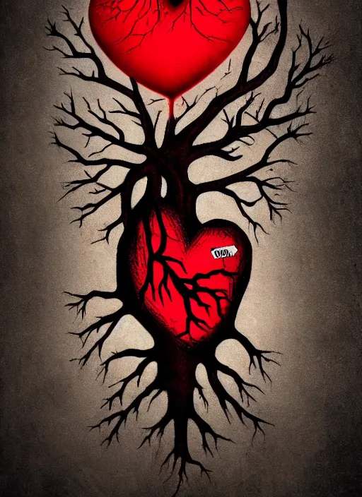 Prompt: graffiti of a dripping anatomical human heart with roots growing above it, sadness, dark ambiance, concept by godfrey blow, banksy, featured on deviantart, sots art, lyco art, artwork, photoillustration, poster art, black and red