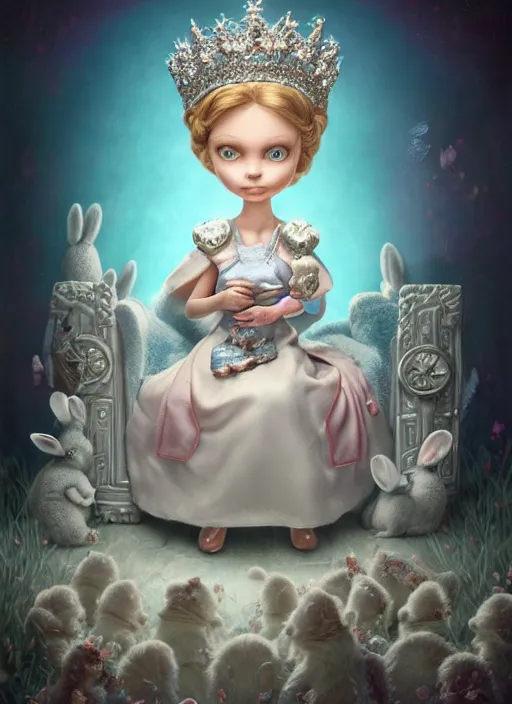 Prompt: highly detailed closeup portrait of a nurse princess wearing a crown and sitting on an ice throne surrounded by bunnies, nicoletta ceccoli, mark ryden, lostfish, earl nore, hyung tae, frank frazetta, global illumination, god rays, detailed and intricate environment