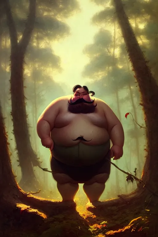 Image similar to great giant fat man with a moustache in the woods by bayard wu, anna podedworna, gaston bussiere, greg rutkowski