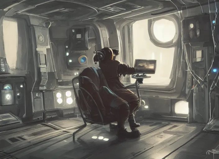 Prompt: a man sitting on a chair with things attached to his head, screens and monitors in front of him playing videos, ship interior, narrow hallway, scifi, dramatic lighting, dark, spotlight, concept art, surreal, by rutkowski, fuji choko