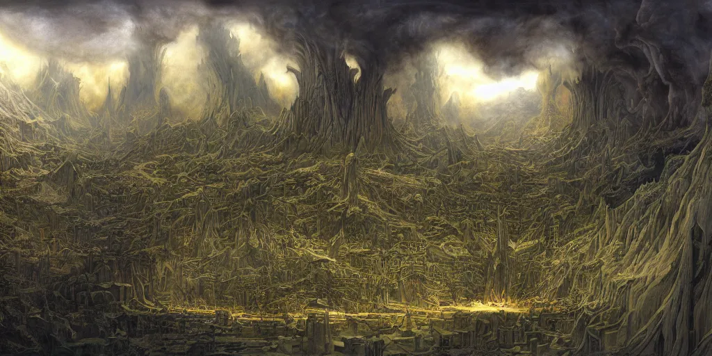 Image similar to Artwork by John Howe of the cinematic view of the Great Sanctum of Annihilation.