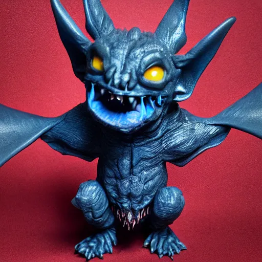 Prompt: detailed full body of scary giant mutant dark blue humanoid pygmy-bat, glowing red eyes, sharp teeth, acid leaking from mouth, realistic, giant, bat ears, bat nose, furred, detailed, 85mm f/1.4