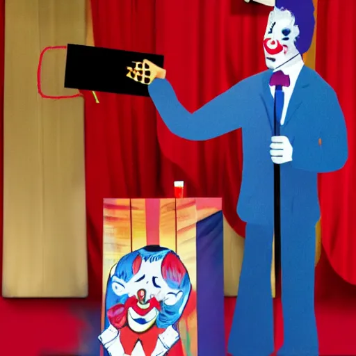 Image similar to puppet show with a puppeteer using a president with clown makeup in a podium