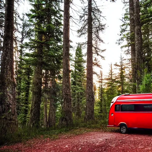 Image similar to a silver metallic camper in a forest clearing, with a red pillar of light in the background of the image