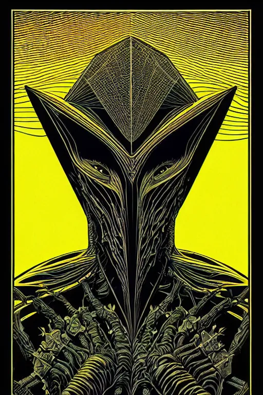 Prompt: portrait of black and yellow technicolor grainshading print by dan mumford, goblinko, richard corben, wayne barlowe, moebius, heavy metal comic cover art, psychedelic triangular skeleton, very intricate, thick outline, full body, symmetrical face, long black crown, in a shapes background, galactic dark colors