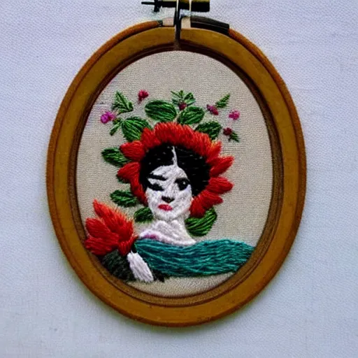 Image similar to a tiny beautiful handmade embroidery of a woman. hand embroidery.