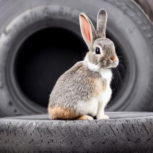 Image similar to a cute bunny sitting on a tire, studio photo, high quality