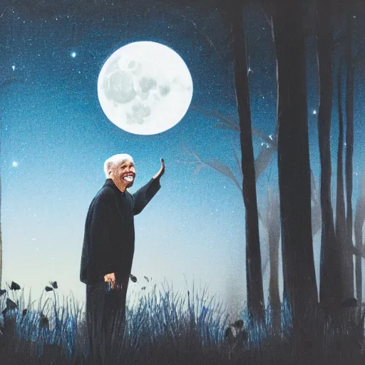 Prompt: a smiling old man in a moonlit forest