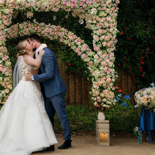 Image similar to the groom kisses the bride at a wedding full of flowers, bright and happy, art, highly detail, 4 k realistic, wedding photo, louise dahl - wolfe, andrea kowch, sophie anderson, lilia alvarado