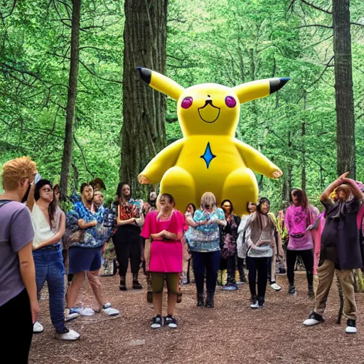 Image similar to photograph of a group of people worshipping a giant pikachu in a forest