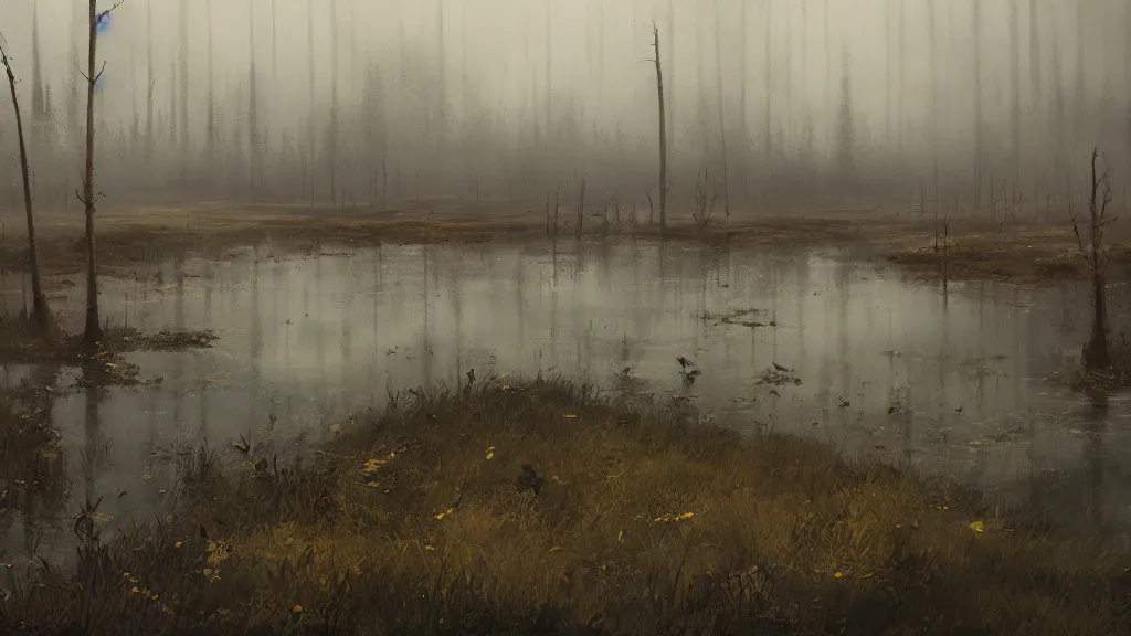 Prompt: view of swamp landscape, high quality, watercolored, jakub rozalski, dark colours, dieselpunk, artstation