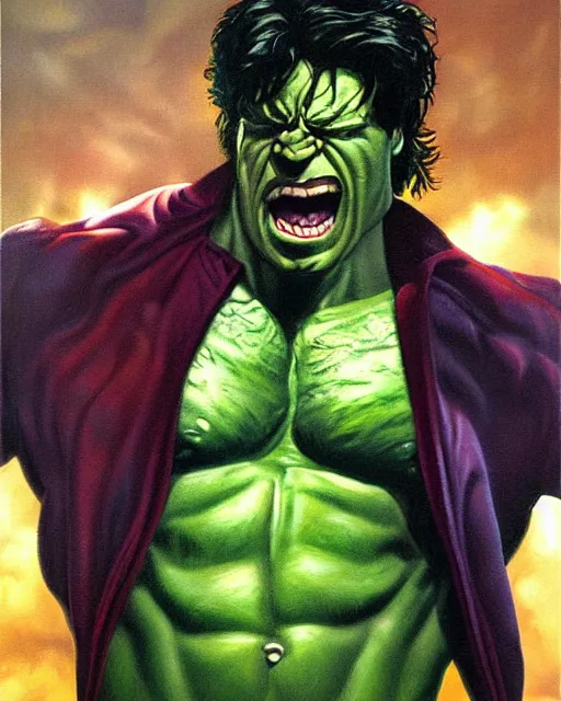 Image similar to a moody oil painting of the incredible hulk looking angry at noon in a city by joe jusko.