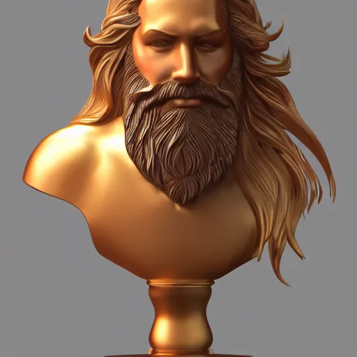 Image similar to a flawless, purely golden man with long hair, with trimmed beard, completely expressionless, casting golden light. entirely golden statue, extremely detailed, full-body statue, award-winning art, trending on Artstation