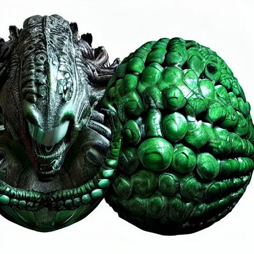 Image similar to xenomorph queen human hybrid dragon eggs, dark emerald mist colors, giger color liminal backfill, realistic, award winning photograph