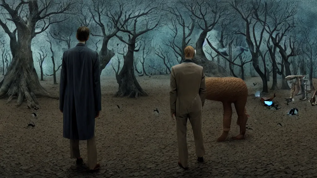 Image similar to hypercube four dimensional man, surrounded by animals, film still from the movie directed by denis villeneuve and david cronenberg with art direction by salvador dali and zdzisław beksinski, wide lens