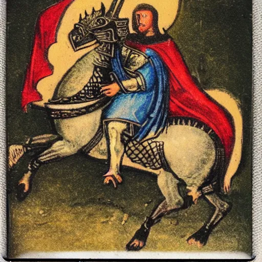 Image similar to polaroid of medieval knight in battle with a dragon