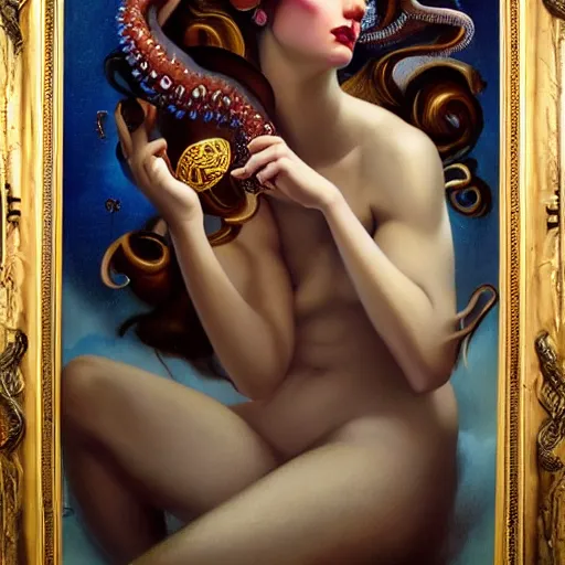 Image similar to dynamic composition, a painting of a man with hair of octopus tentacles and sea weed wearing ornate earrings, a surrealist painting by tom bagshaw and jacek yerga and tamara de lempicka and jesse king, featured on cgsociety, pop surrealism, surrealist, dramatic lighting, magick, pre - raphaelite, ornate gilded details