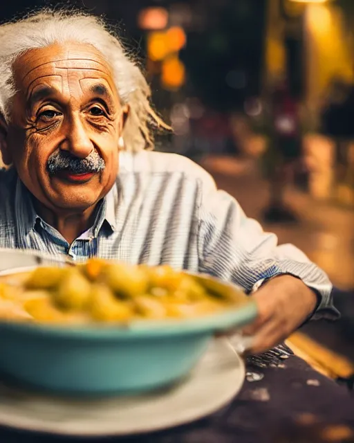 Image similar to A photo of Albert Einstein eating panipuri, highly detailed, trending on artstation, bokeh, 90mm, f/1.4