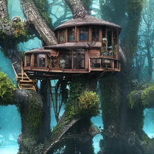 Image similar to underwater tree house, full - body : : symmetrical, eerie, insanely detailed, hypermaximalist, elegant, hyper realistic, super detailed, pastel colors, cinematic, unreal engine, 8 k,