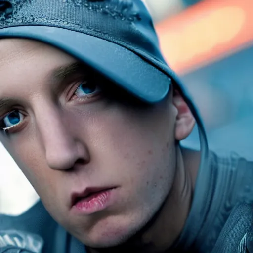 Image similar to award-winning photograph of Eminem cosplaying as an anime girl, highly detailed, ultra realistic, 8k, cinematic