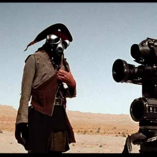 Prompt: pirate wearing a gasmask, in the desert, film still, arriflex 3 5