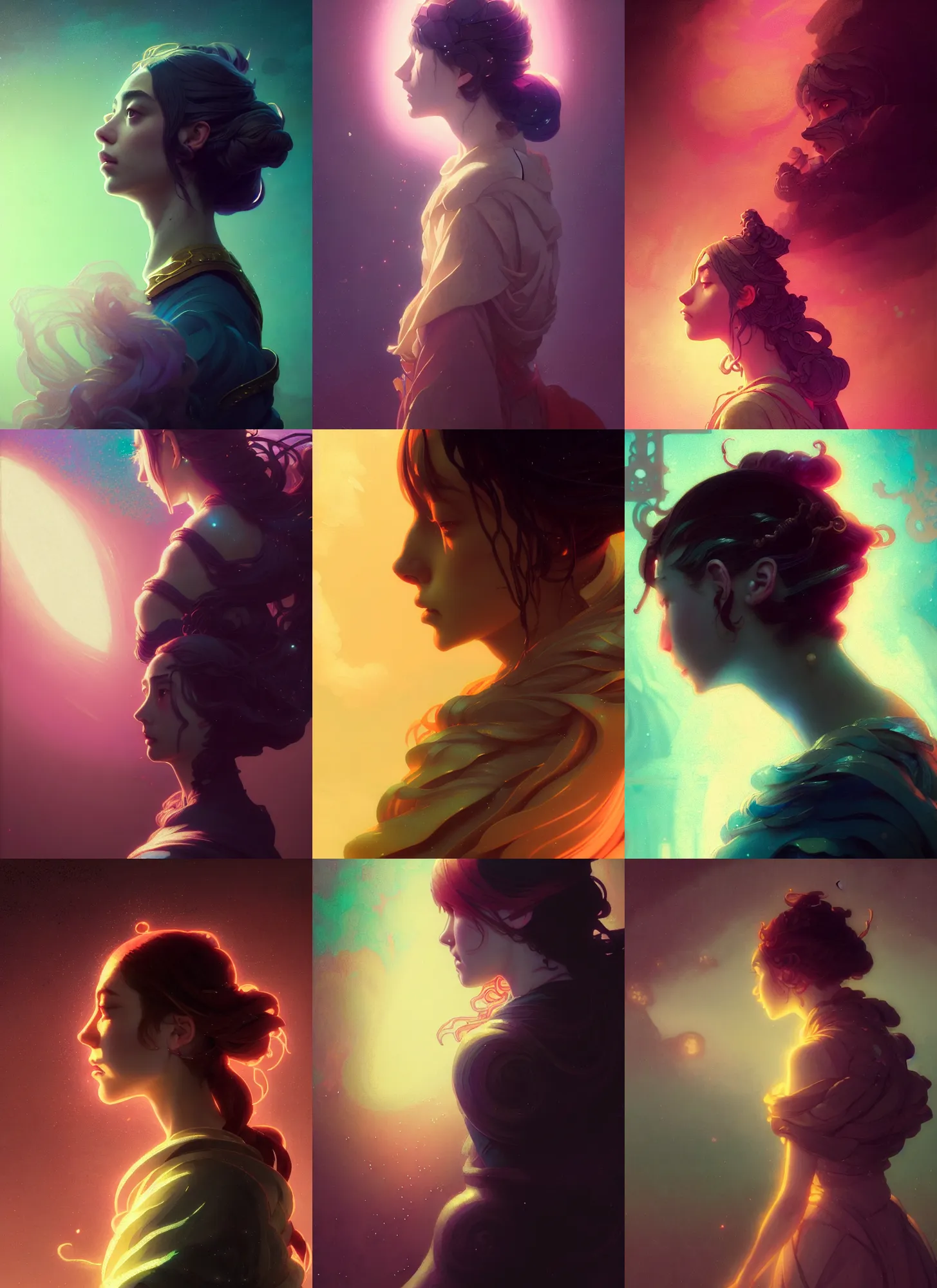 Prompt: side portrait, baroque oil painting, imogen poots, paladin, gloomhaven, octane render, neon colors, unreal engine, anime, tarot, art nouveau, illustration concept art, bokeh, by victo ngai, fanbox, greg rutkowski, makoto shinkai, mucha, studio ghibli