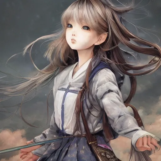 Image similar to dynamic composition, motion, ultra-detailed, incredibly detailed, a lot of details, amazing fine details and brush strokes, colorful and grayish palette, smooth, HD semirealistic anime CG concept art digital painting, watercolor oil painting of a Japanese schoolgirl, by a Chinese artist at ArtStation, by Huang Guangjian, Fenghua Zhong, Ruan Jia, Xin Jin and Wei Chang. Realistic artwork of a Chinese videogame, gradients, gentle an harmonic grayish colors.