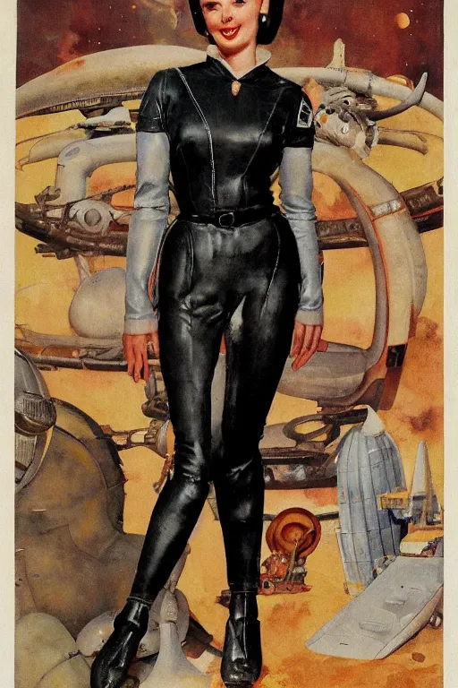 Image similar to 5 0 s pulp scifi fantasy illustration full body portrait elegant slim mature woman in leather spacesuit, background english countyside, by norman rockwell, roberto ferri, daniel gerhartz, edd cartier, jack kirby, howard v brown, ruan jia, tom lovell, frank r paul, jacob collins, dean cornwell, astounding stories, amazing, fantasy, other worlds