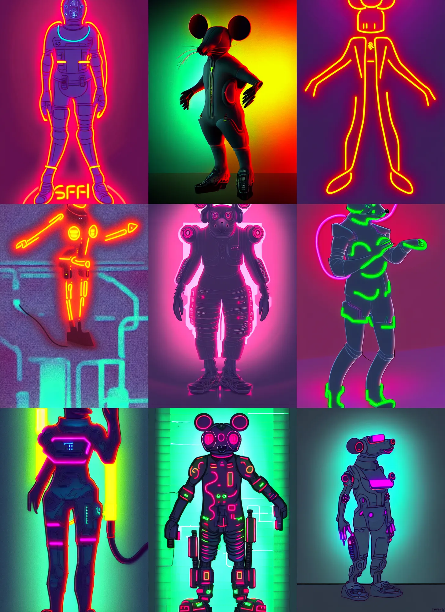 Prompt: full body character of an antropomorphic mouse technomage, high detail, scifi, cyberpunk style, sof neon lighting