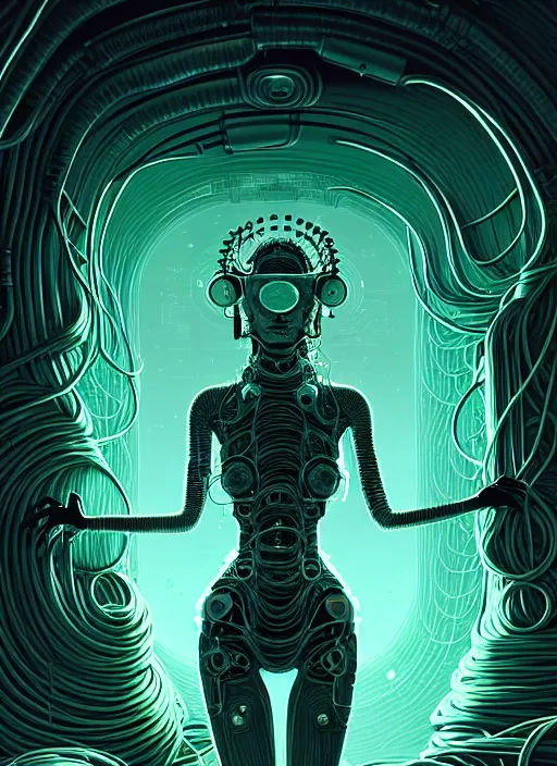 Prompt: highly detailed portrait of a biopunk long curly white hair tribal lady, stray wiring by atey ghailan, james gilleard, by joe fenton, by greg rutkowski, by greg tocchini, by kaethe butcher, 4 k resolution, gradient green, black and white color scheme!!! ( ( irradiated robotic cavern background ) )