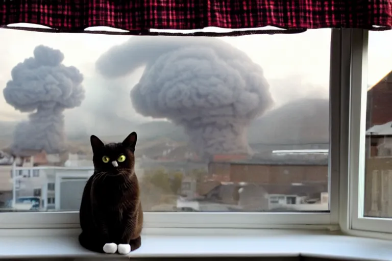 Image similar to cat sitting on the windowsill wrapped in a plaid, Mushroom cloud far behind