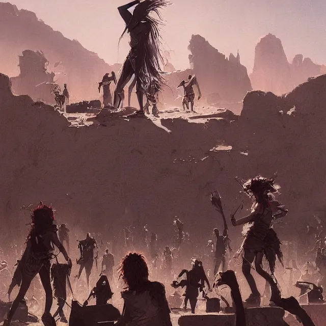 Image similar to a painting of a punk concert at the desert by greg rutkowski, dark fantasy art, high detail, trending on artstation