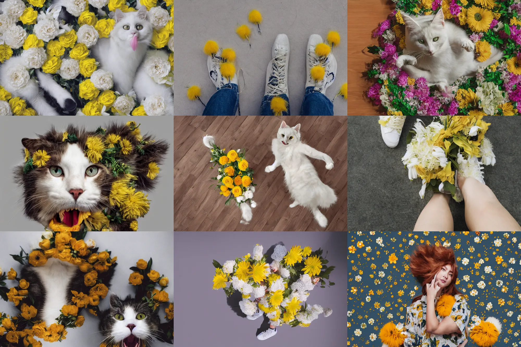 Prompt: pov shot photography of yellow - pattern - fur white cat, exogenous flowers bouquet in her mouth, under my feet, person wearing jeans and sneakers, large happy eyes, symmetry, face symmetry, octane render, photorealistic, 8 k