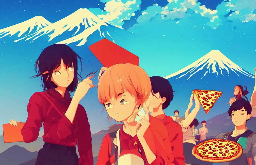 Image similar to portrait of pizza shapes, mount fuji background, rich vivid colors, ambient lighting, dynamic lighting, 4 k, hq, official media, anime key visual, makoto shinkai, ilya kuvshinov, lois van baarle, rossdraws, detailed, trending on artstation