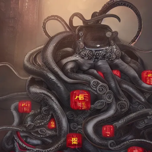 Image similar to Illustration of the Chinese communist party as a dirty octopus with lots of tentacles, dystopian, dirty, 3d shaded, cyberpunk, cgsociety, imax, highly detailed