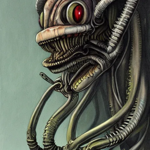 Image similar to detailed painting of a cute pilachu that looks like a xenomorph, in the style of h r giger and wayne barlowe