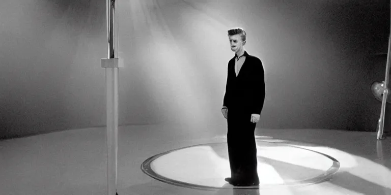 Prompt: photorealistic medium shot cinematography of a david bowie acting as a man from outter space in a twilight zone episode that takes place in an art deco lab shot on film at magic hour with the sun shining into a large 6 0's hotel lobby room filled with volumetric haze by the shining cinematographer john alcott on a cooke panchro 3 5 mm lens.