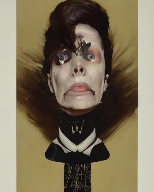 Image similar to a handsome but sinister, creepy young woman in layers of fear, wearing a vivienne westwood collar, with haunted eyes like mannequin eyes and wild hair, 1 9 7 0 s, seventies, wallpaper, a little blood, moonlight showing injuries, delicate embellishments, painterly, offset printing technique, by john howe, brom, robert henri, walter popp