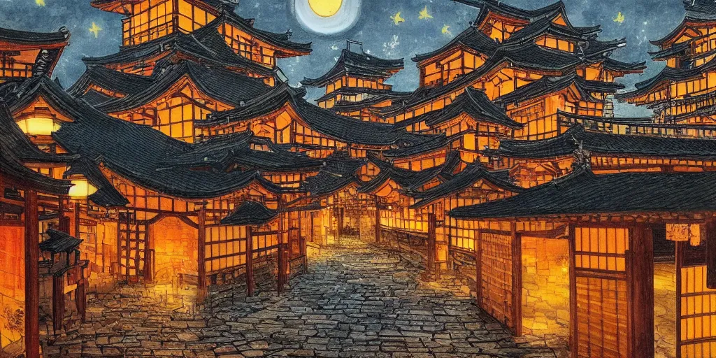 Prompt: a japanese medieval town during autumn at night, painting, beautiful, award winning masterpiece