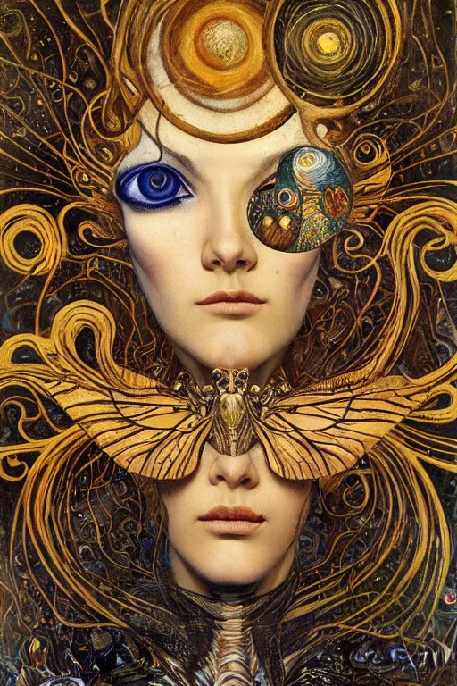 Image similar to Metamorphosis by Karol Bak, Jean Deville, Gustav Klimt, and Vincent Van Gogh, transformation portrait, chimera, visionary, cicada wings, otherworldly, fractal structures, ornate gilded medieval icon, third eye, hybrid, fusion, change, spirals, horizontal symmetry