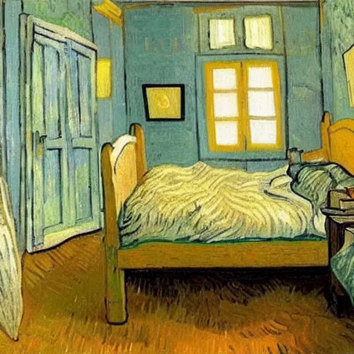 Prompt: a cozy bedroom interior with wall murals painted by van gogh, detailed, high resolution, wow!, intricate